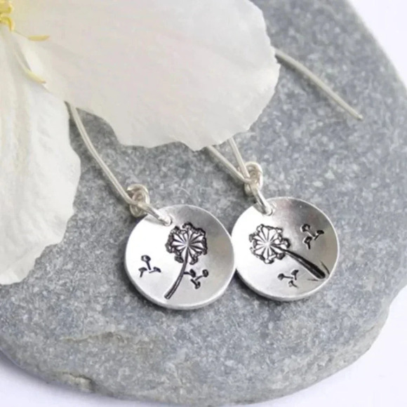 Silver Boho Dandelion Round Hook Drop Earrings - Picture 2 of 4